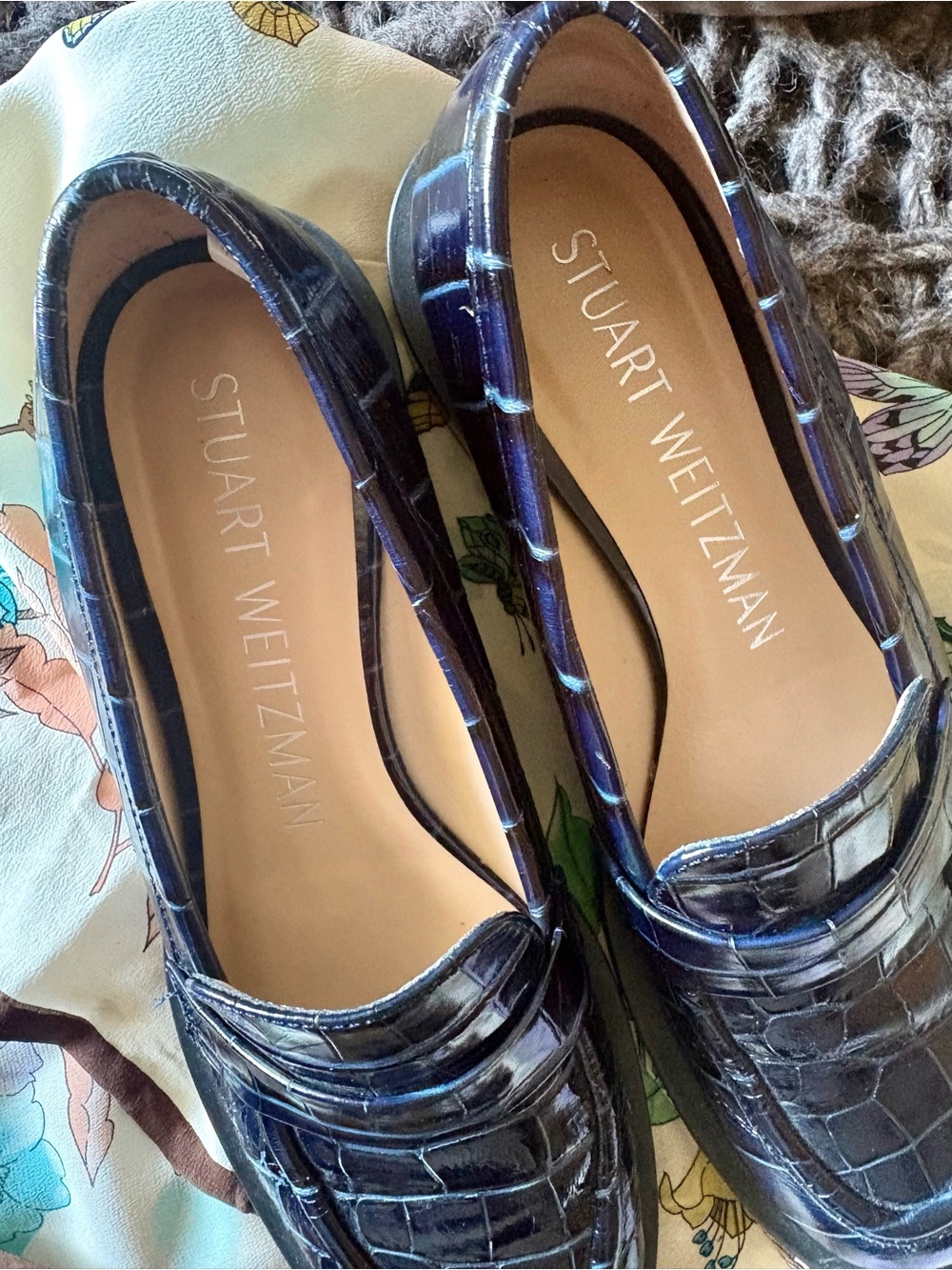 Stuart Weitzman Palmer Sleek Blue Croc-Embossed Penny Loafers - Picture 3 of 7